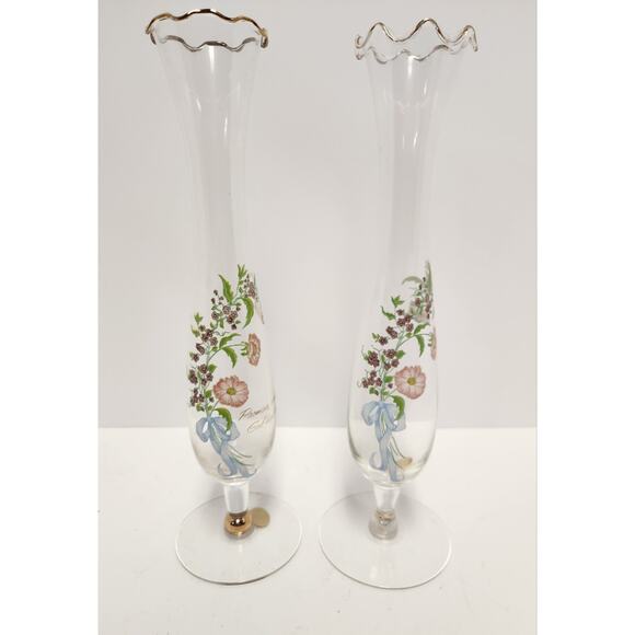 Fenton Glass Bud Vases – 10" Clear Floral Gold Trim – Vintage Pair - Picture 1 of 10